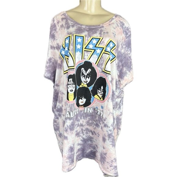 Vinyl Icons +5 Tie-Dye Alive In 77 Kiss Band Graphic Cotton Short Sleeve T-Shirt - Picture 2 of 6